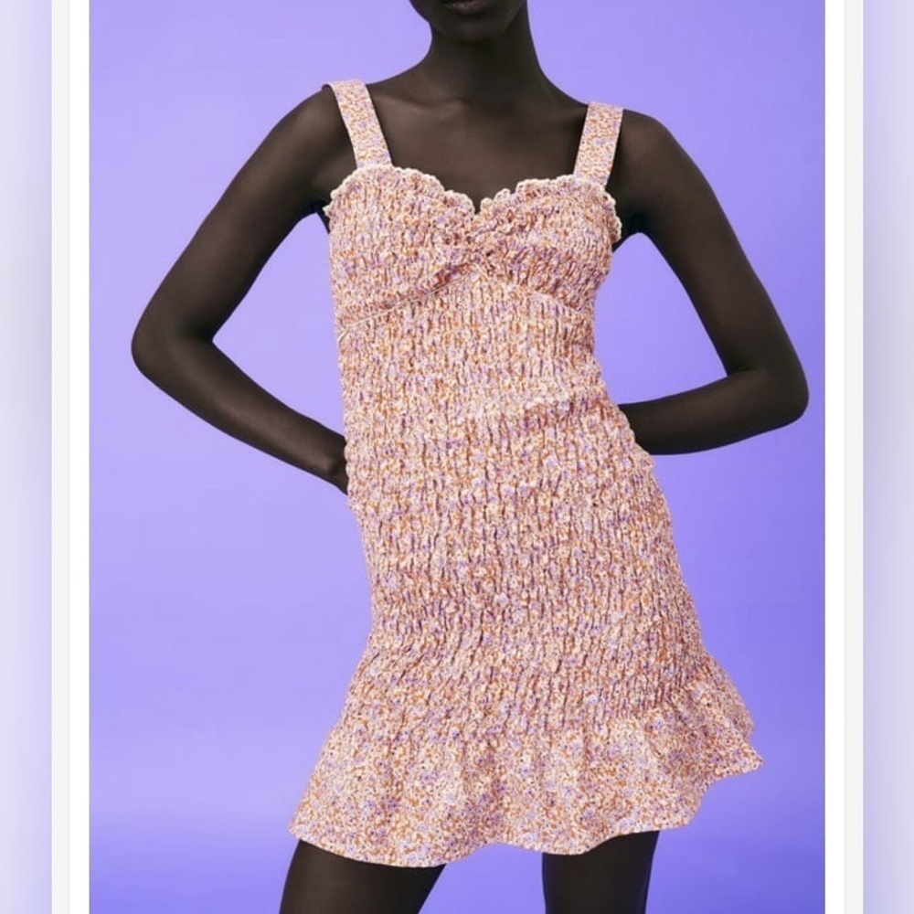 Zara Ditzy Orange and Purple Ruched Smocked Mini Dress -
Size M